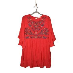 ALTAR'D STATE $82 Red Boho Embroidered Bell Sleeve Mini Shift Dress Small